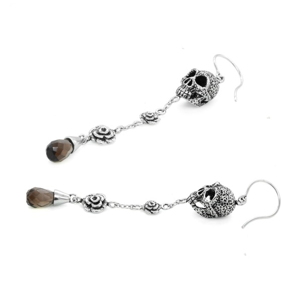 Skull with Roses and Smoked Quartz Earrings Stainless Steel NWT - Picture 3 of 4